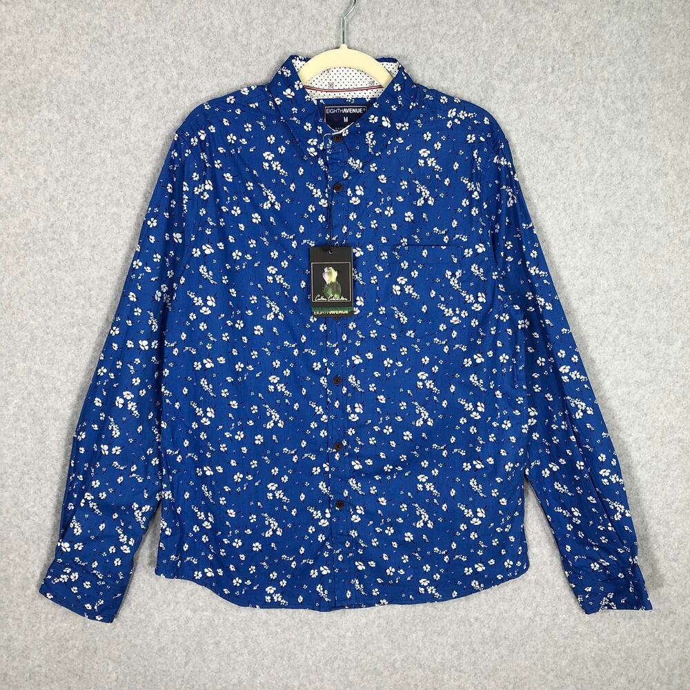 NEW Eighth Avenue Blue Floral Button Down Shirt Mens Medium Cotton Flip Cuff - Picture 3 of 12